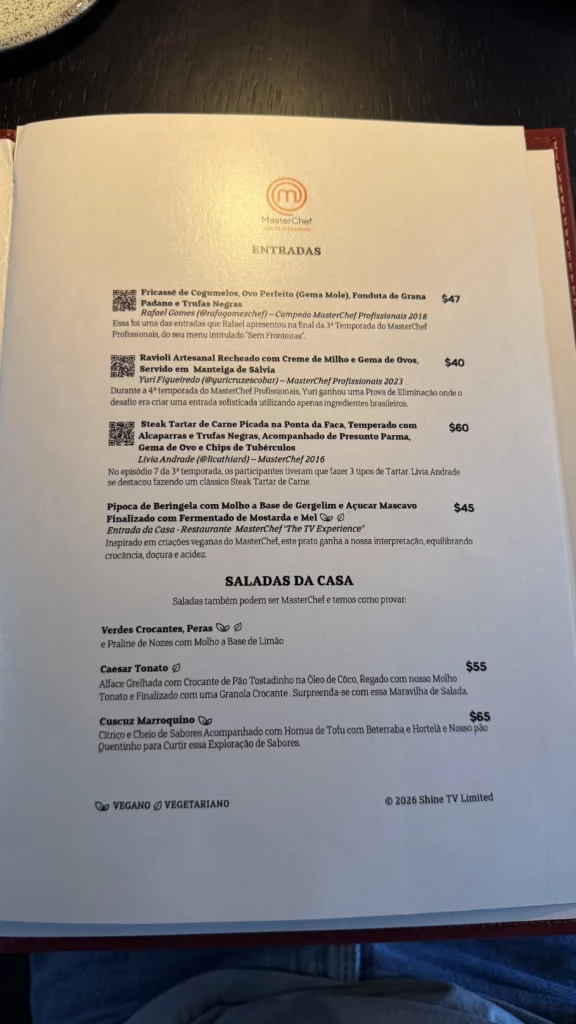 Cardápio do restaurante do Masterchef em Sorocaba
