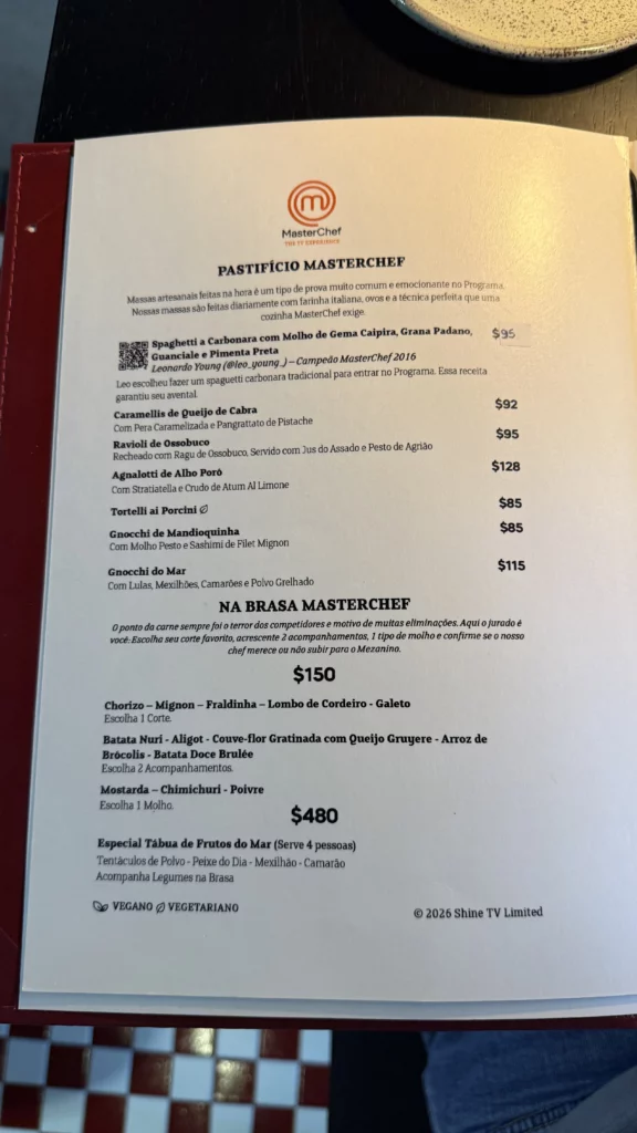 Cardápio do restaurante do Masterchef em Sorocaba - Massas e Carnes