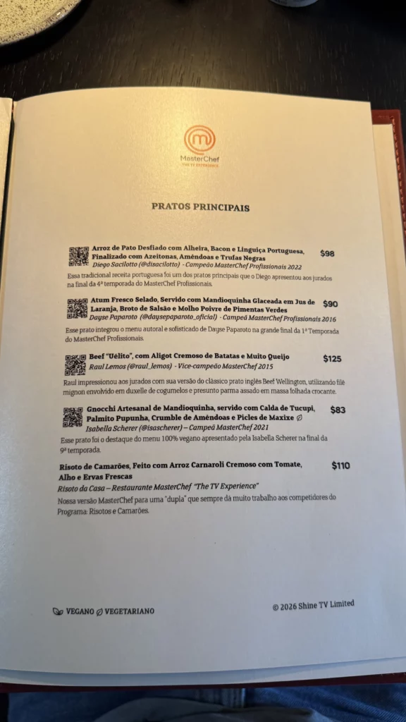 Cardápio do restaurante do Masterchef em Sorocaba - Pratos Principais