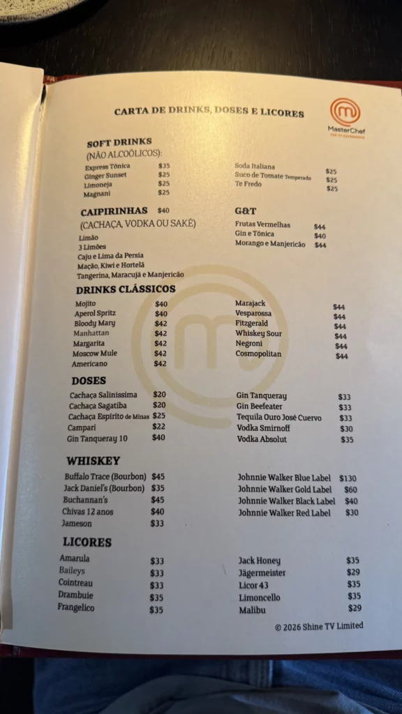 Cardápio do restaurante do Masterchef em Sorocaba - Carta de Drinks
