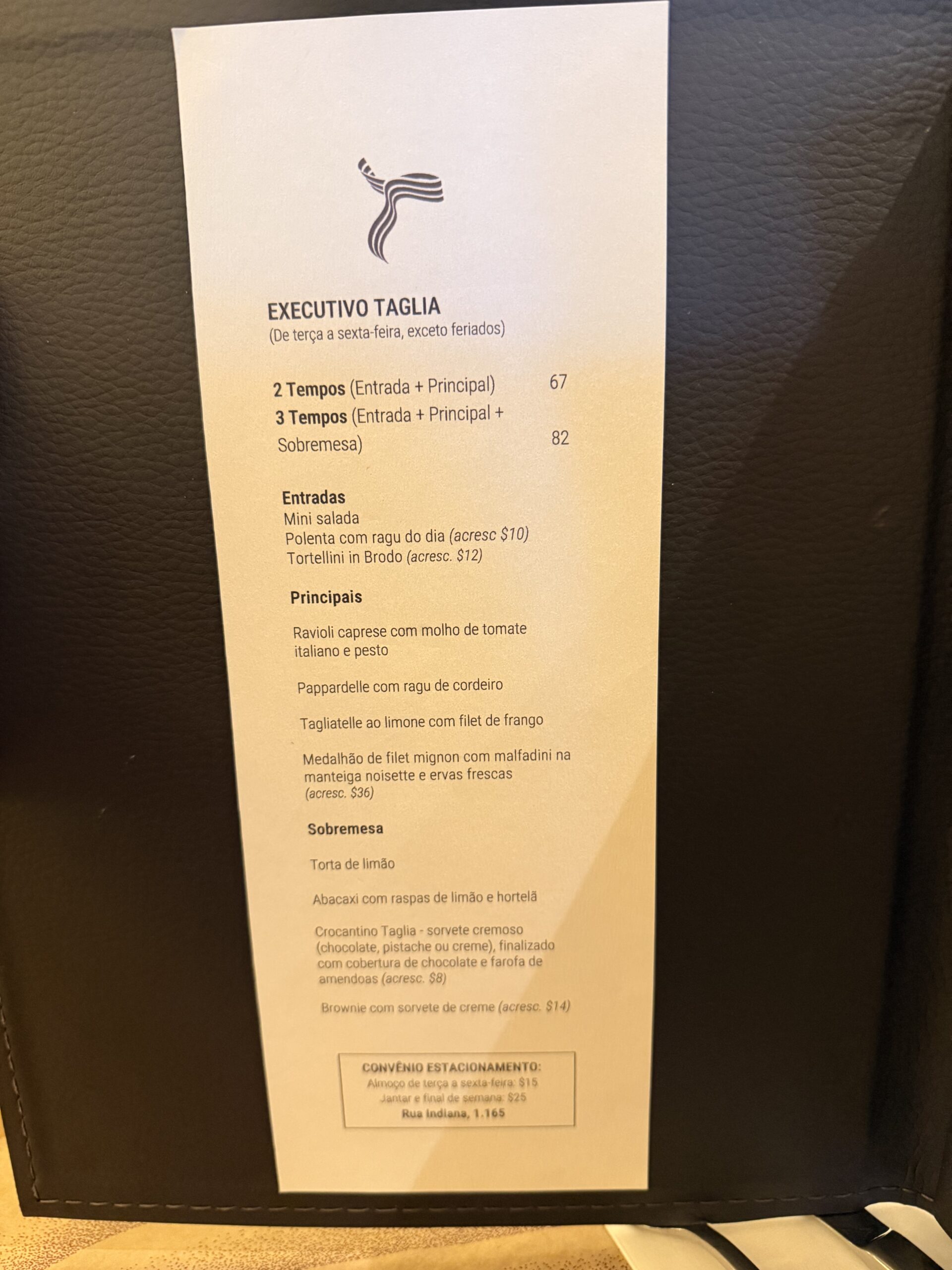 Menu executivo do restaurante Taglia