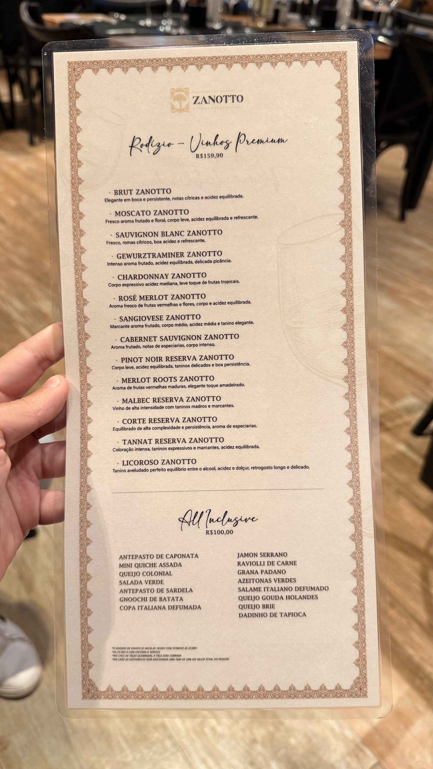 Cardápio do Rodízio de Vinhos Premium Zanotto com valores, 14 rótulos e pratos do All Inclusive