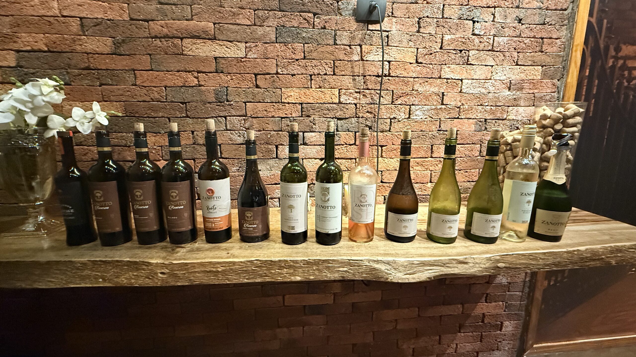 Todos os vinhos Zanotto do rodízio de vinhos da Vinícola Campestre em São Paulo, alinhados na mesa